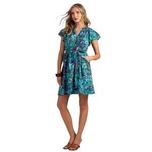 Trina Turk Zandy Tropical Floral Cotton Mini Dress Tie Waist Blue Green L NEW